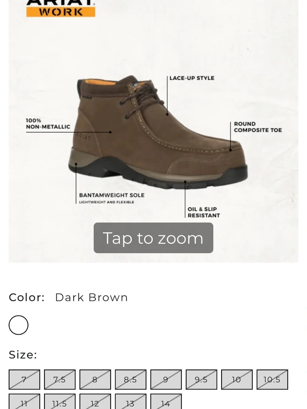 Ariat Edge LTE Brown Chukka Work Boots Composite Toe size 9.5